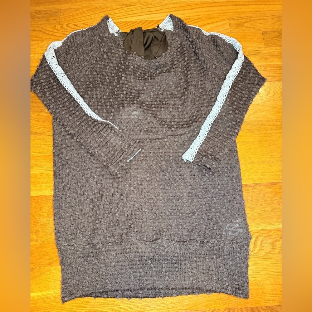 A’reve Brown Textured Knit Tunic Sweater Lace Ribbon Tie Boho Cottagecore M
